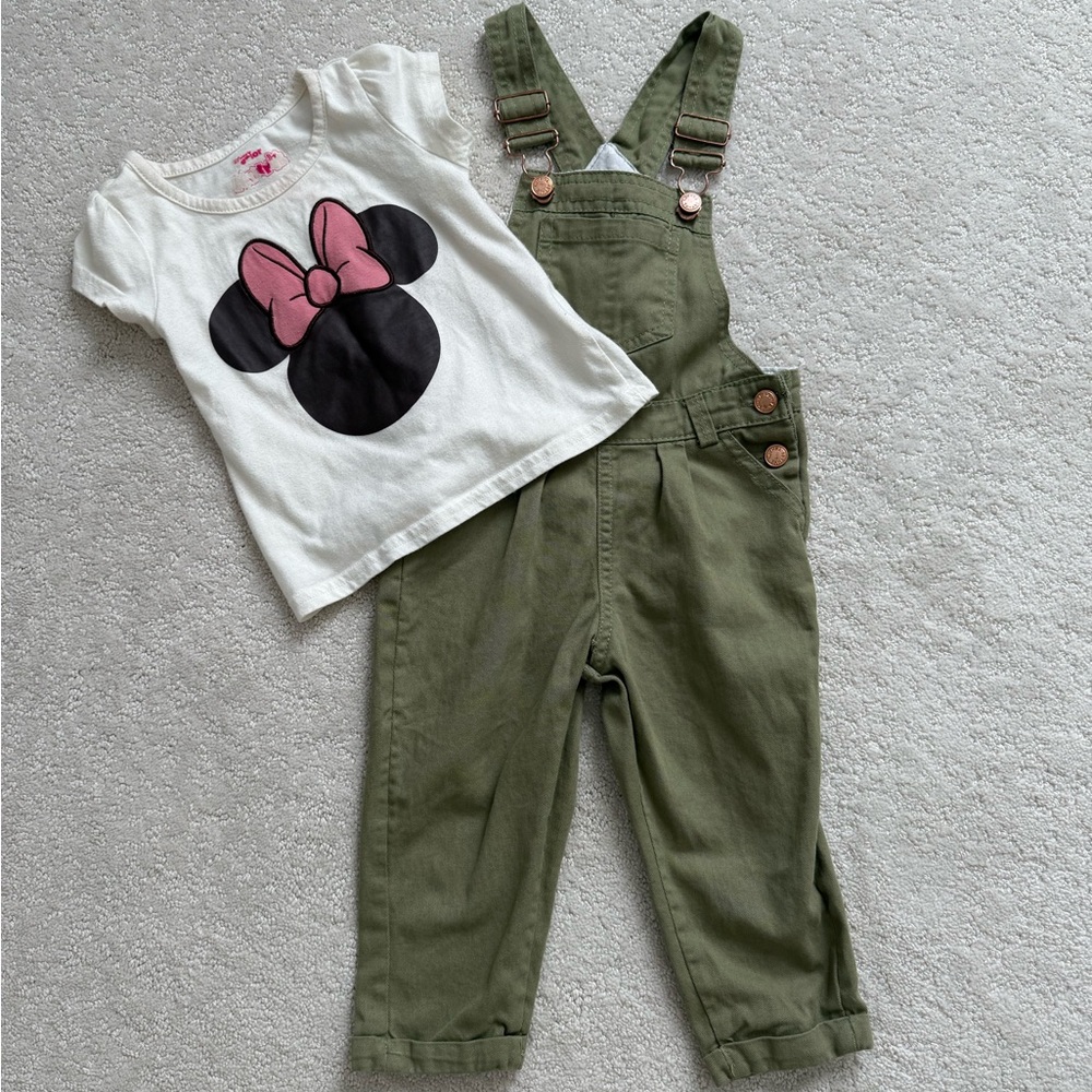 Rabato Kids Olive Green Overalls and a T-shirt with a mini mouse theme, size 2T